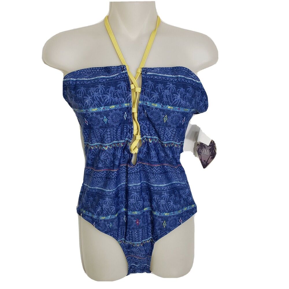 YMI Swimwear Womens Large Denim Printed Caged One Piece Swimsuit Blue Combo